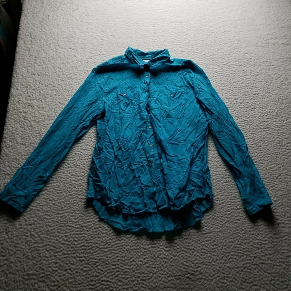 Stylus Button Up Shirt Womens L Blue 100% Cotton Collared Long Sleeve Top